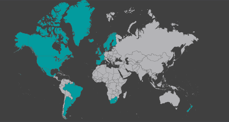 This map is a representation of the few countries that actually allow gay marriage legally. Notice that the majority of countries filled in are towards the left side of the map, and there are many gray countries in Asia, Africa, Central America, and Oceania. 