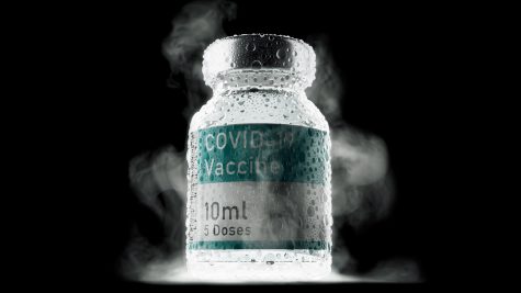 RNA Vaccine vial that needs to be stored at very low temperatures, computer-generated studio shot with dramatic rim light and dry ice vapor