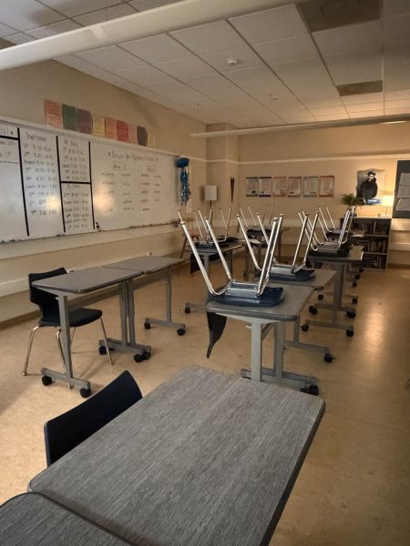 Empty seats in Mrs. Fry's classroom