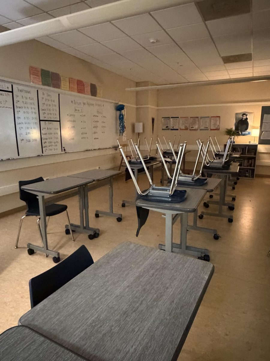 Empty seats in Mrs. Fry's classroom